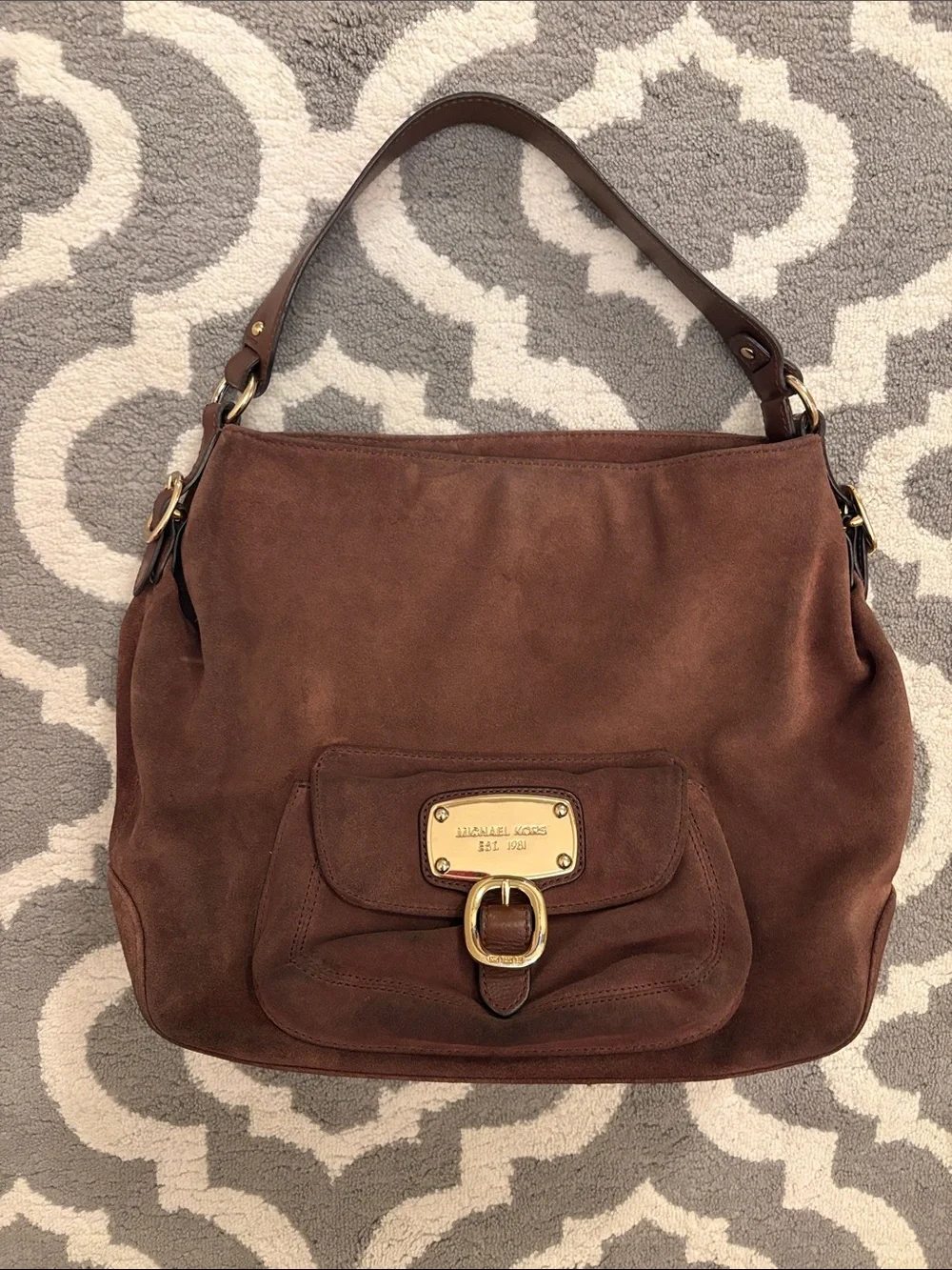 Michael Kors Brown Suede Shoulder Bag with Gold Hardware